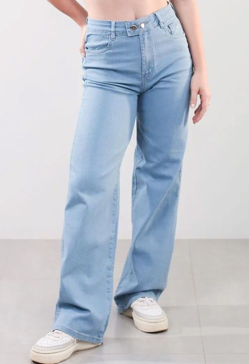 Calça Jeans Wide Leg Feminina Com Dois Botões
