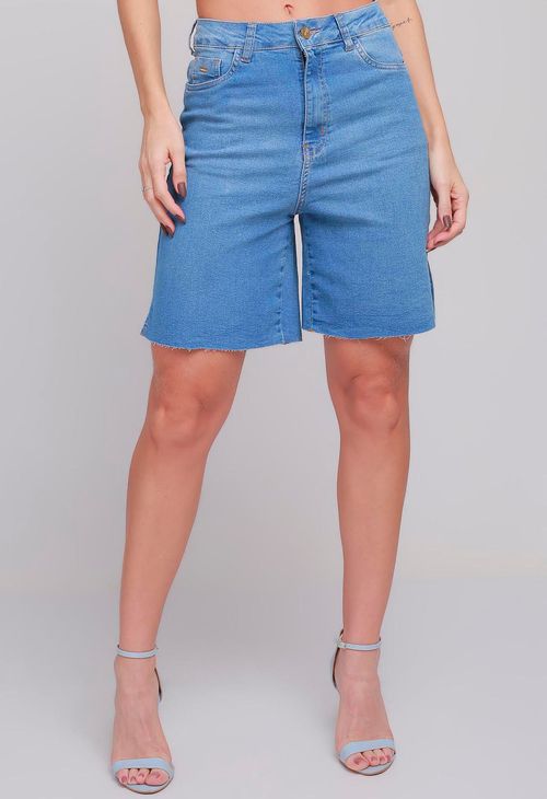 Bermuda Jeans Cintura Alta Feminina Com Barra Corte a Fio