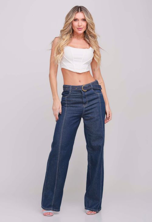 Calça Jeans Wide Leg Feminina Com Cinto 24683