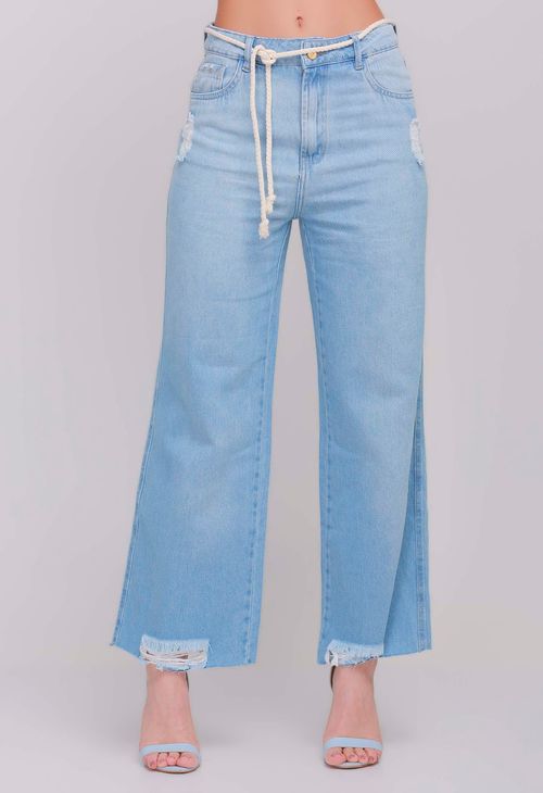 Calça Jeans Wide Cropped Feminina Com Barra a Fio