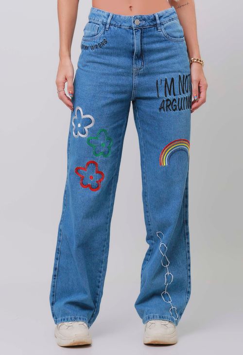 Calça Jeans Wide Leg Feminina Com Desenhos Bordados