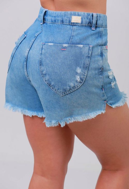 Shorts Jeans Mom Feminino Com Detalhes Em Rosa