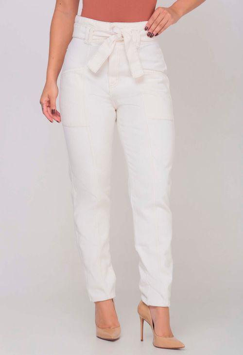 Calça Jeans Mom Feminina Moderna Com Cinto Off White 25548