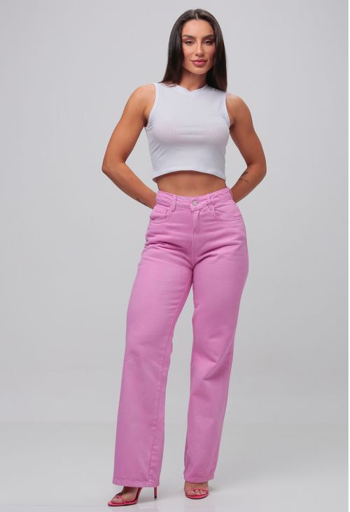 Calça Jeans Wide Leg Feminina Rosa Claro 25761