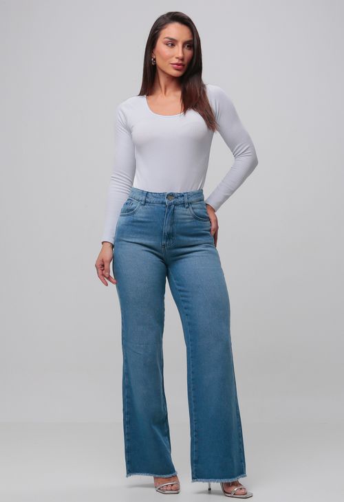 Calça Jeans Wide Leg Feminina Com Barra Desfiada 24377