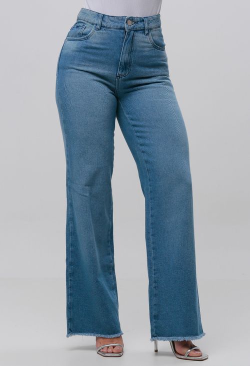 Calça Jeans Wide Leg Feminina Com Barra Desfiada 24377