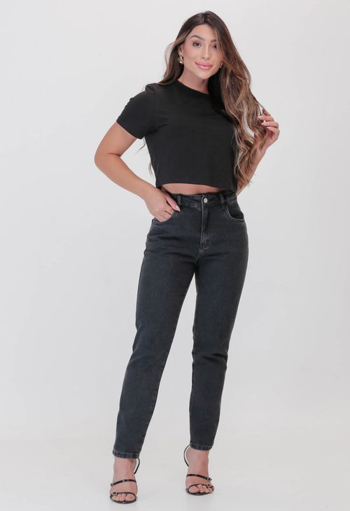 Calça Jeans Mom Feminina Preta Estonada 25757