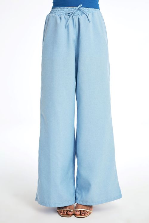 Calça de Linho Feminina Pantalona Com Elástico Azul 25892