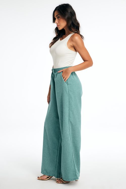 Calça de Linho Feminina Pantalona Com Elástico Verde 25893