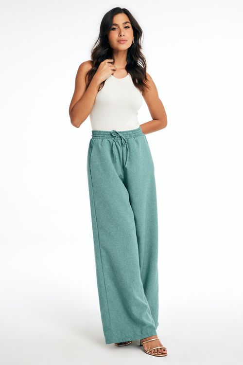 Calça de Linho Feminina Pantalona Com Elástico Verde 25893