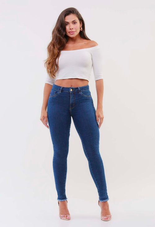 Calça Jeans Skinny Feminina Escura Com Barra Desfiada 25351